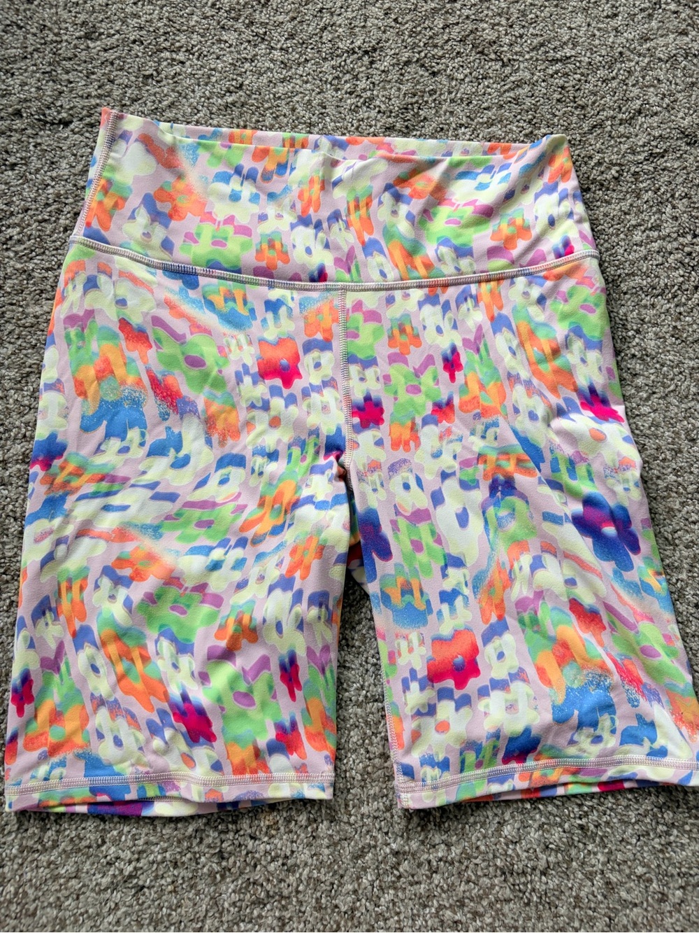 Fabletics Multicolor Abstract Print Bike Shorts — White Base with Neon Accents